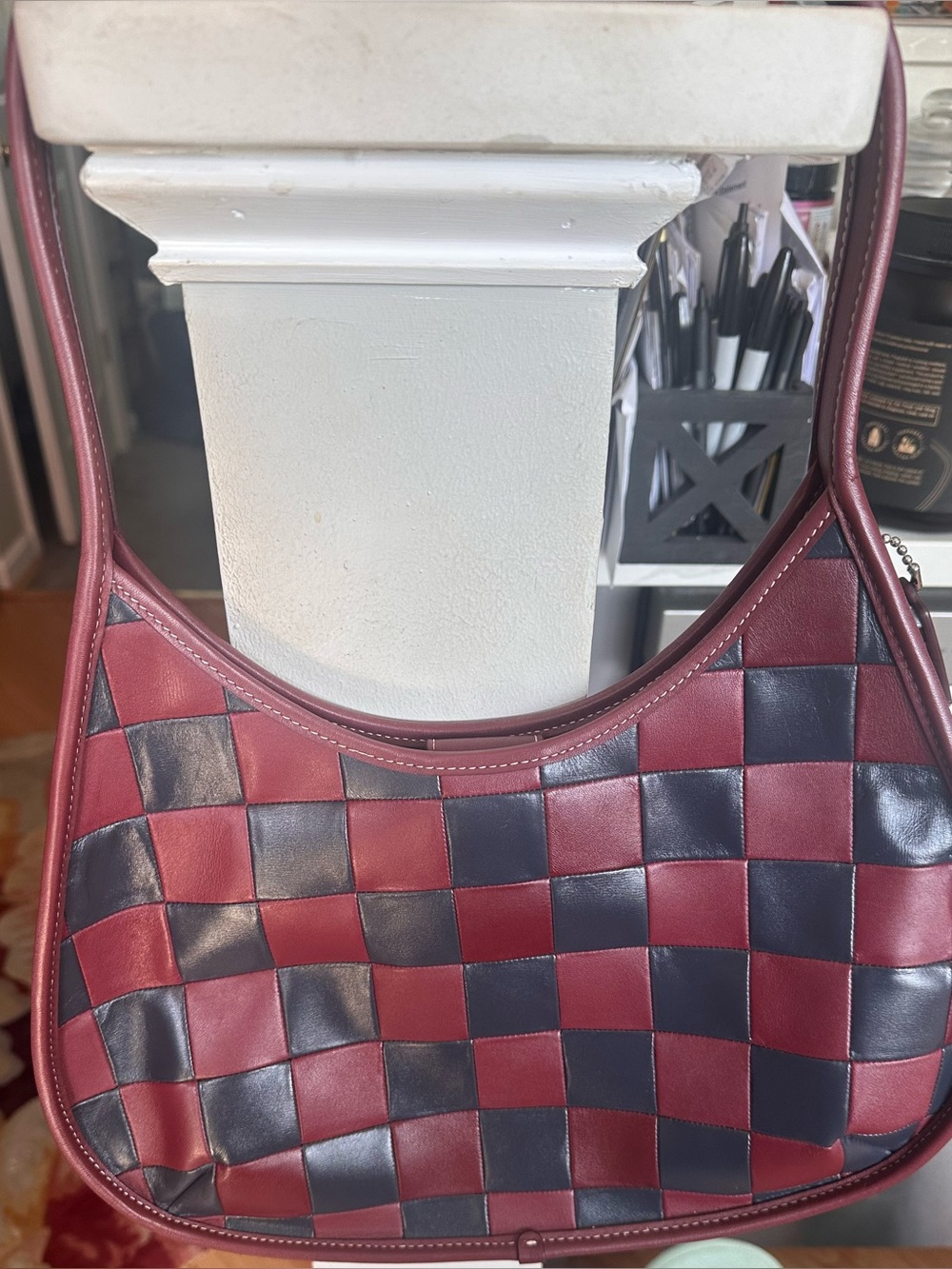 Coach (Coachtopia) Two-Tone Checker Shoulder Bag in Burgundy and Black